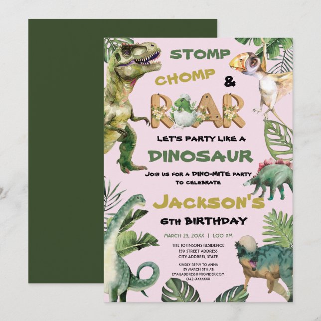 Invitación Fiesta de cumpleaños temática de los dinosaurios r (Anverso / Reverso)