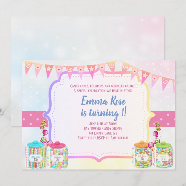 Invitación Fiesta de cumpleaños temática de los dulces de Can (Anverso / Reverso)