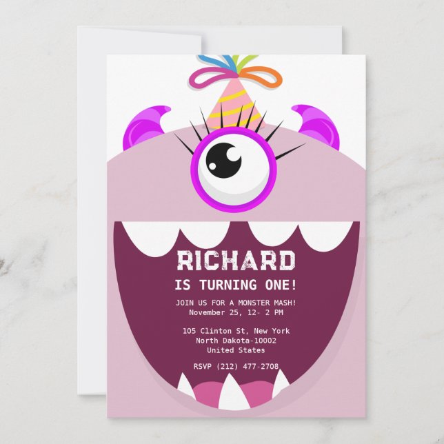 Invitación Fiesta de Cumpleaños Temática de Monstruito Lindo  (Anverso)