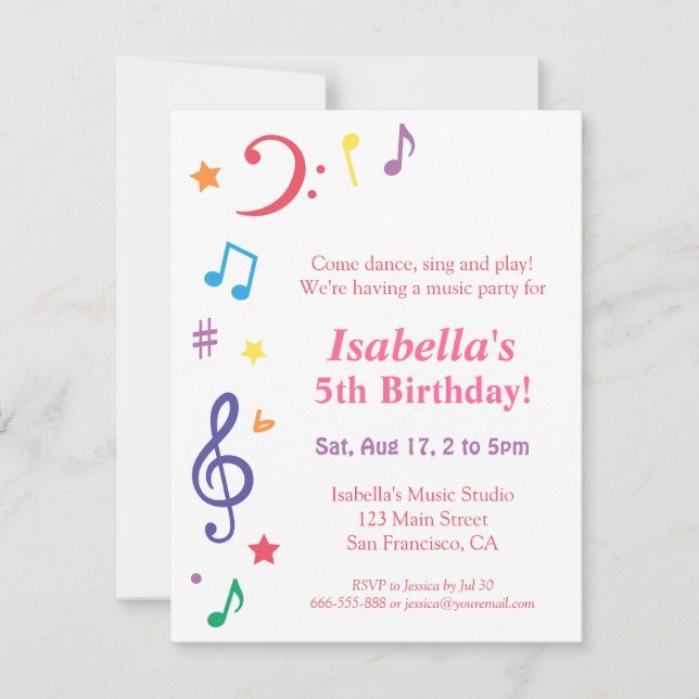 Invitación Fiesta de Cumpleaños Temática de Música Arcoíris C (Anverso)