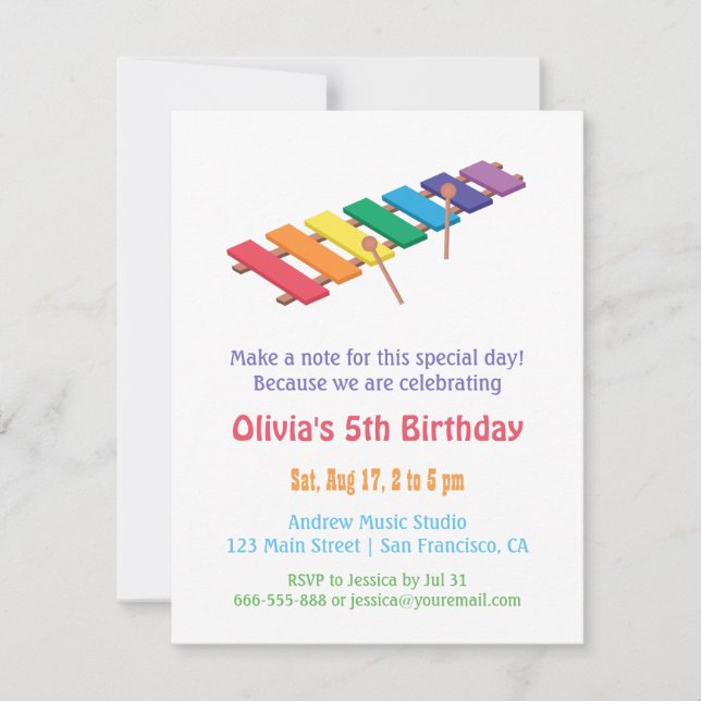 Invitación Fiesta de Cumpleaños Temática de Música para Niños (Anverso)