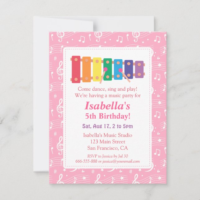 Invitación Fiesta de cumpleaños temática de música xilófona (Anverso)