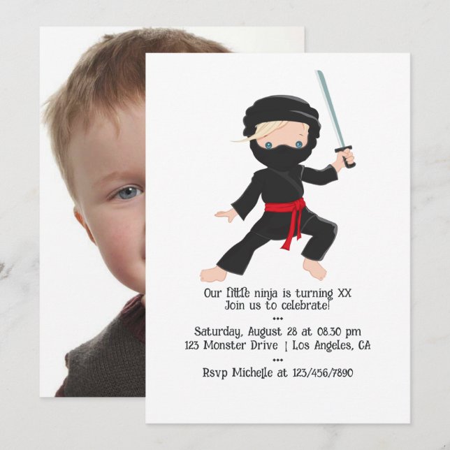 Invitación Fiesta de cumpleaños temática de ninjas (Anverso / Reverso)