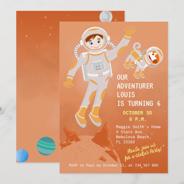 Invitación Fiesta de cumpleaños temática de niño astronauta d (Anverso / Reverso)