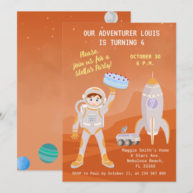 Invitación Fiesta de cumpleaños temática de niño astronauta e (Anverso / Reverso)