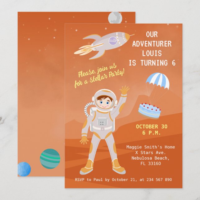 Invitación Fiesta de cumpleaños temática de niño astronauta e (Anverso / Reverso)