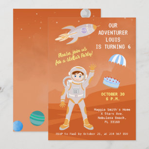 Invitación Fiesta de cumpleaños temática de niño astronauta e