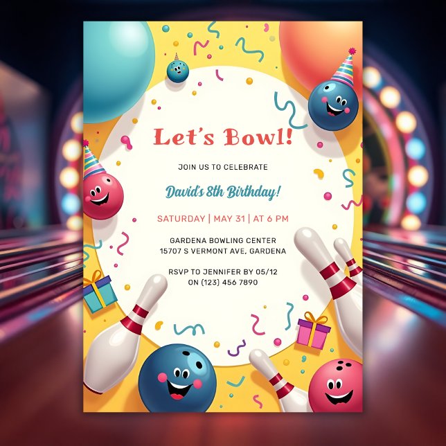 Invitación Fiesta de cumpleaños temática de niños de fiesta (Festive Kids Bowling Themed Birthday Party Invitation)