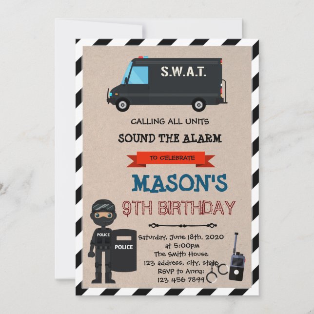 Invitación fiesta de cumpleaños temática de policía SWAT (Anverso)