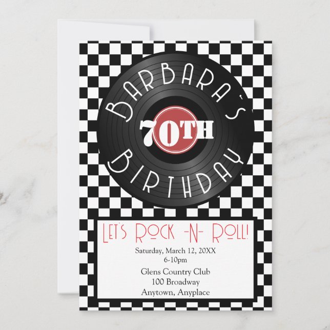 Invitación Fiesta de cumpleaños temática de rock n roll con t (Anverso)