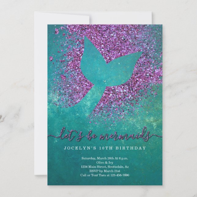 Invitación Fiesta de cumpleaños temática de Sirena personaliz (Anverso)