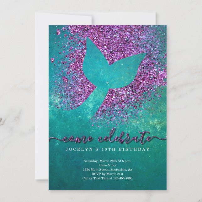 Invitación Fiesta de cumpleaños temática de Sirena personaliz (Anverso)