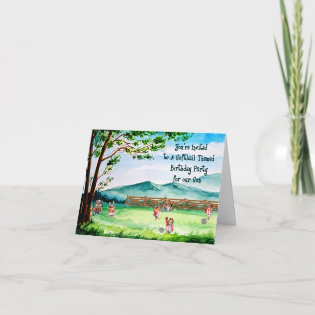 Invitación Fiesta de cumpleaños temática de Softball para hij (Anverso)