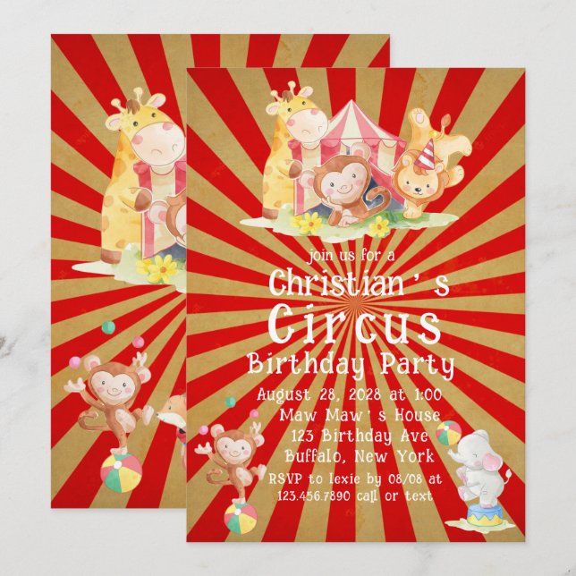 Invitación Fiesta de cumpleaños temática del circo (Anverso / Reverso)