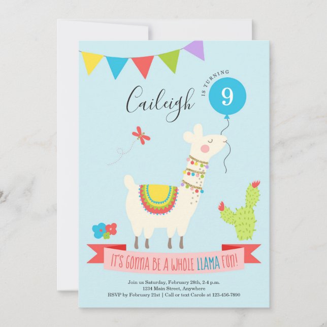 Invitación Fiesta de cumpleaños temática del desierto de Llam (Anverso)