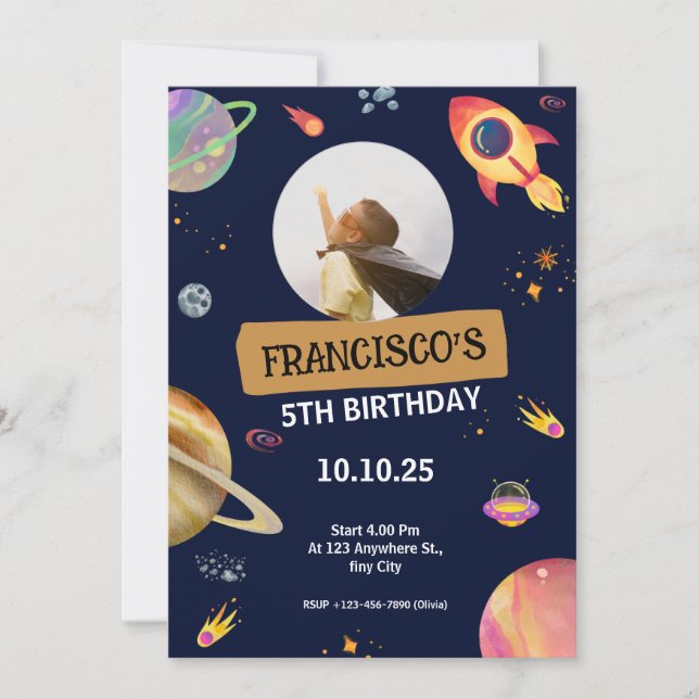 Invitación Fiesta de cumpleaños temática del espacio (Anverso)
