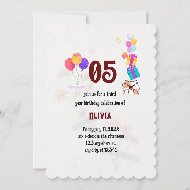 Invitación Fiesta de cumpleaños temática del gato (Anverso)