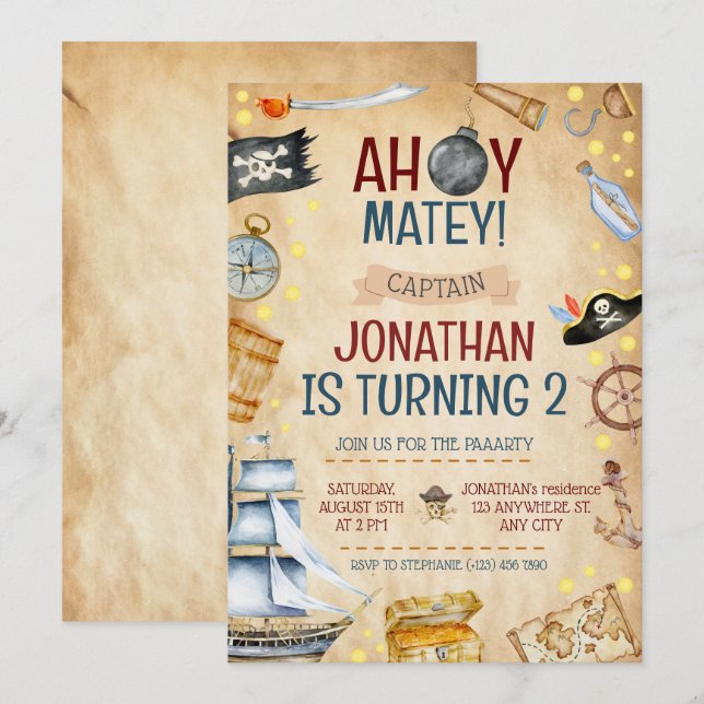 Invitación Fiesta de cumpleaños temática del pirata (Anverso / Reverso)