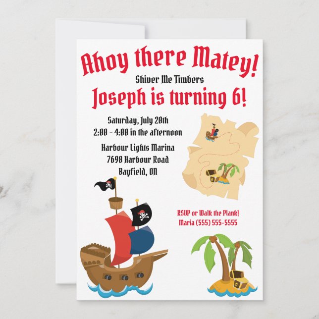 Invitación Fiesta de cumpleaños temática del pirata (Anverso)