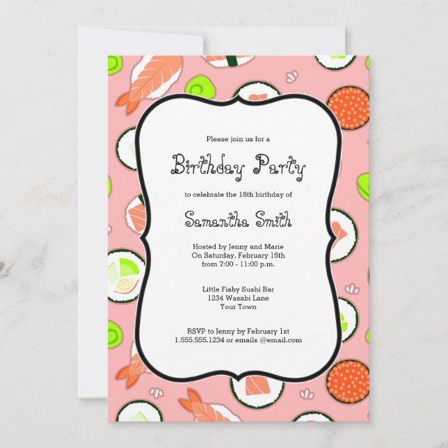 Invitación Fiesta de cumpleaños temática del Sushi Rosa (Anverso)