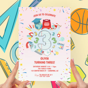 Invitación Fiesta de cumpleaños temática escolar rosa 3 años