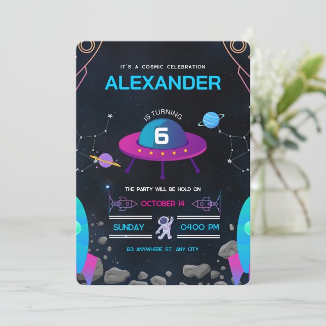 Invitación Fiesta de cumpleaños temática espacial rosa y negr (Anverso de pie)