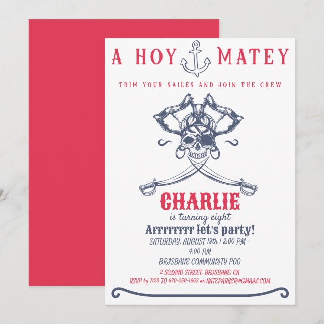 Invitación Fiesta de cumpleaños temática rosada del pirata (Anverso / Reverso)
