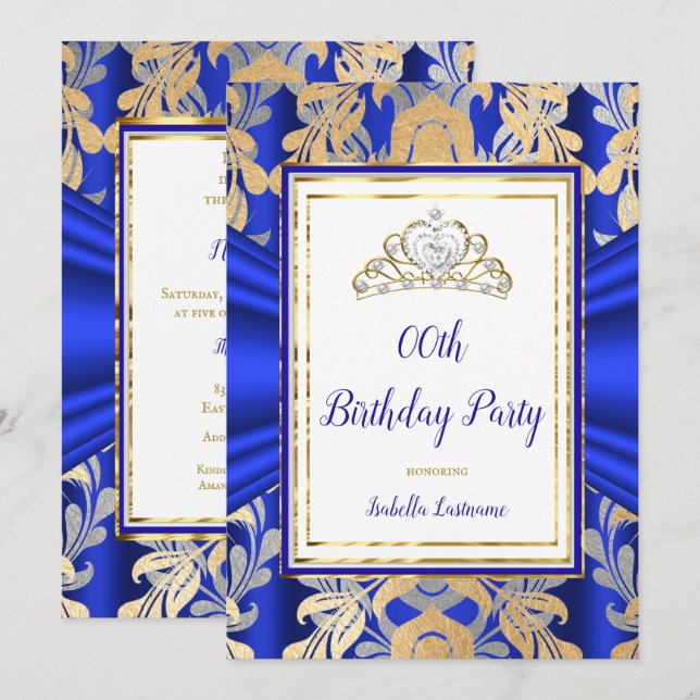 Invitación Fiesta de Cumpleaños Tiara Azul Real Dorado Damasc (Anverso / Reverso)