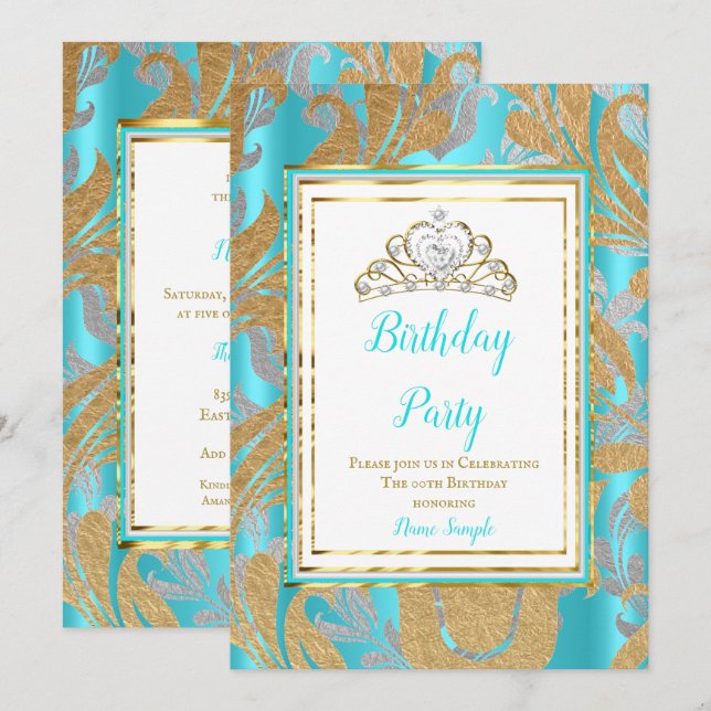 Invitación Fiesta de Cumpleaños Tiara Gris Damasco Azul Teal  (Anverso / Reverso)