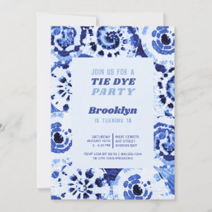 Invitación Fiesta de Cumpleaños Tie Dye Azul Shibori