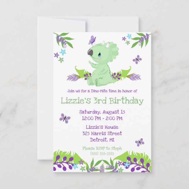 Invitación Fiesta de Cumpleaños Tiempo Dino-Mite Morado y Azu (Anverso)