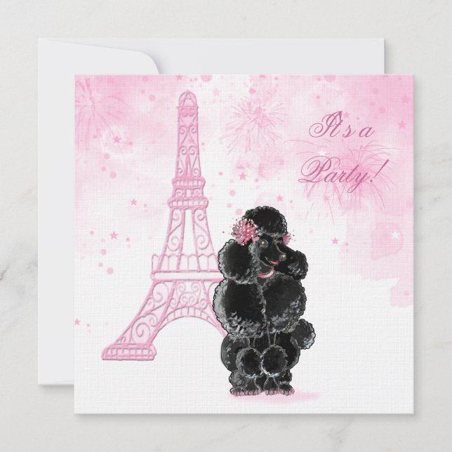 Invitación Fiesta de cumpleaños Torre Eiffel y Poodle Negro (Anverso)