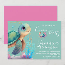 Invitación Fiesta de Cumpleaños Tortuga Acuarela Océano Playa