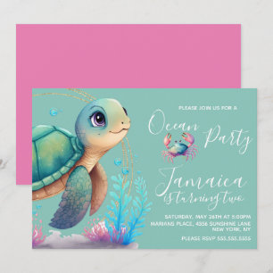 Invitación Fiesta de Cumpleaños Tortuga Acuarela Océano Playa
