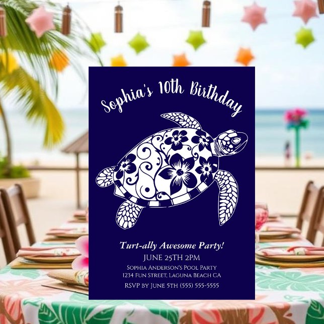 Invitación Fiesta de Cumpleaños-Tortuga Hawaiana (Birthday Party Invitation, Hawaiian Turtle, Tropical Flowers, Hawaiian Tribal, summer, beach, pool)