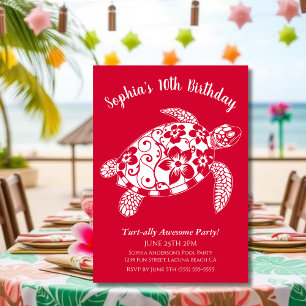 Invitación Fiesta de Cumpleaños-Tortuga Hawaiana Rojo Cereza