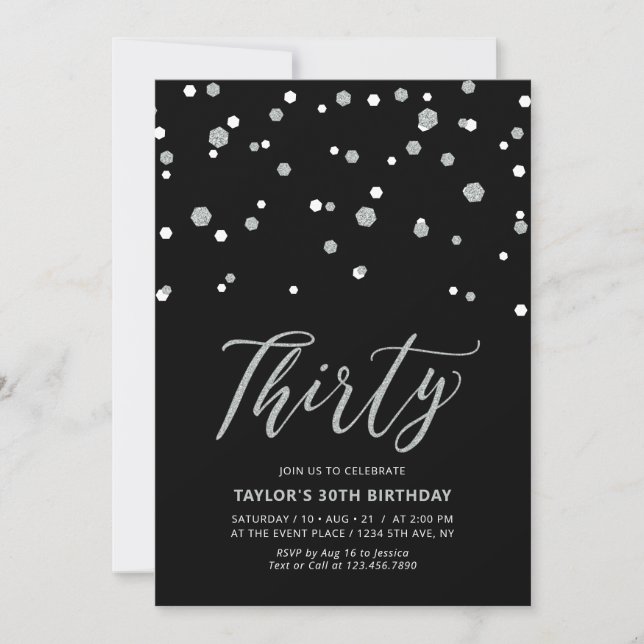Invitación Fiesta de cumpleaños treinta 30 de negro y confeti (Anverso)