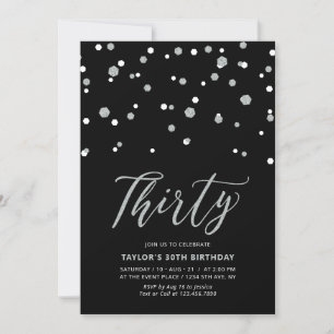 Invitación Fiesta de cumpleaños treinta 30 de negro y confeti