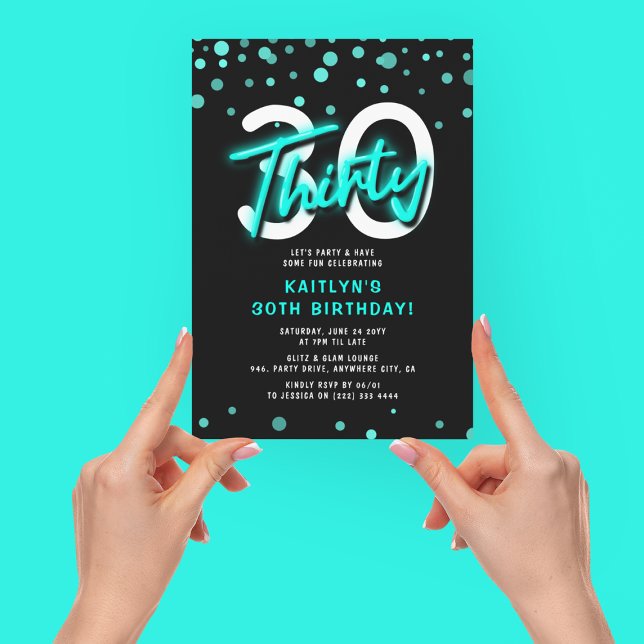 Invitación Fiesta de cumpleaños treinta 30 Neon Verde Teal (Subido por el creador)