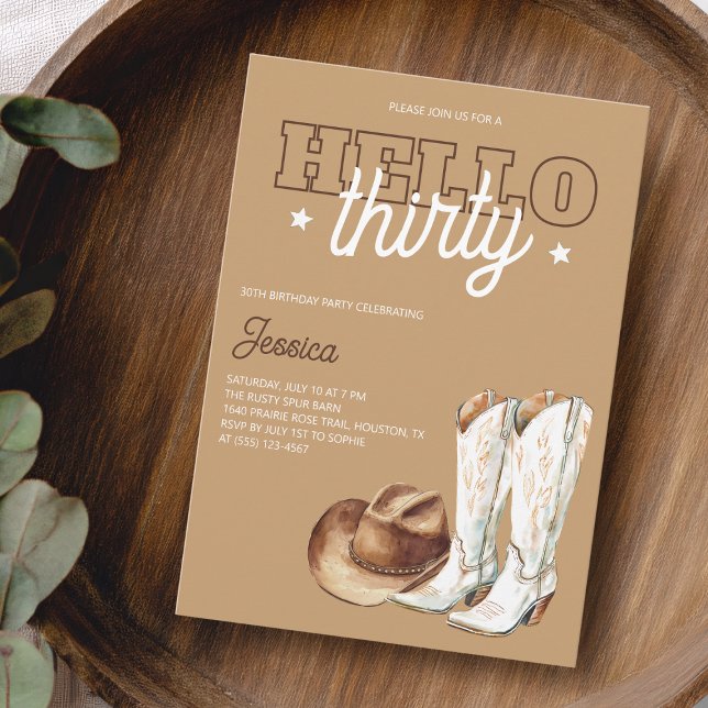 Invitación Fiesta de Cumpleaños Treinta 30 Rústica de Campo (Rustic Country Hello Thirty 30th Birthday Party Invitation)