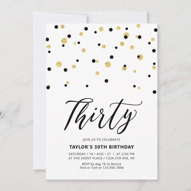 Invitación Fiesta de cumpleaños treinta 30 simple negro y dor (Anverso)