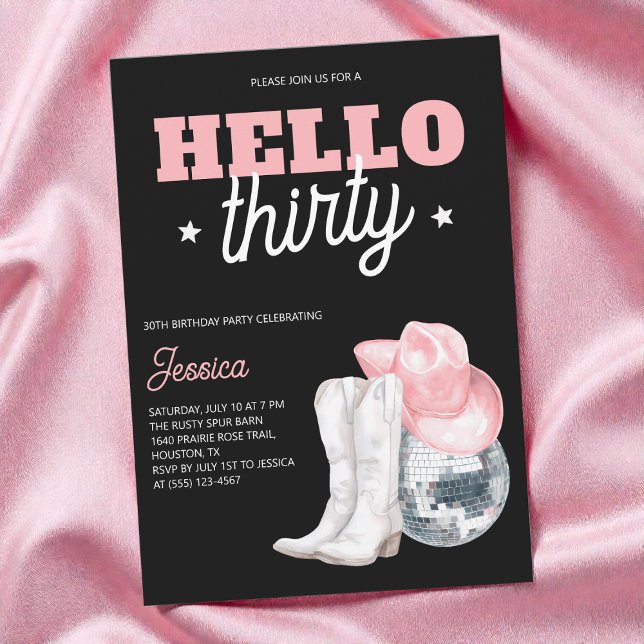 Invitación Fiesta de cumpleaños treinta 30 Western Disco Negr (Western Disco Black Thirty 30th Birthday Party Invitation)