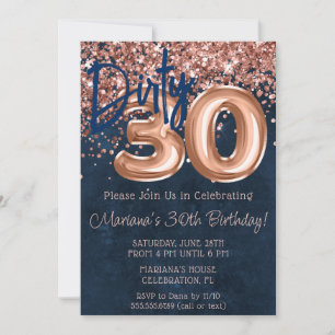 Invitación Fiesta de cumpleaños treinta sucio azul marino ros