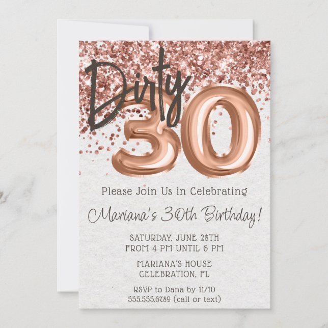 Invitación Fiesta de cumpleaños treinta sucio Rose Gold 30 (Anverso)