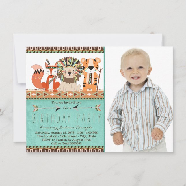 Invitación Fiesta de cumpleaños tribal boho animal (Anverso)