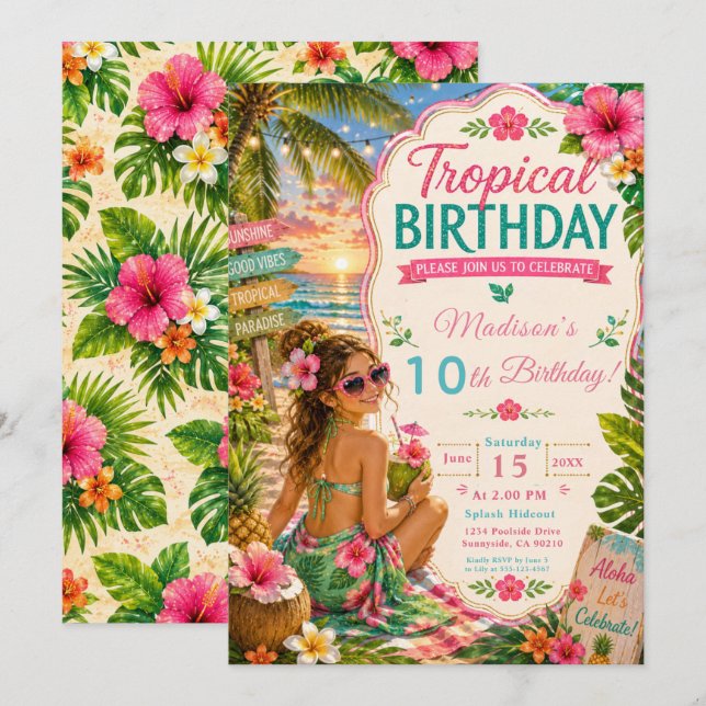 Invitación Fiesta de Cumpleaños Tropical (Anverso / Reverso)