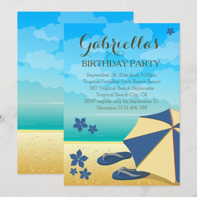 Invitación Fiesta de cumpleaños tropical azul moderna de la (Anverso / Reverso)