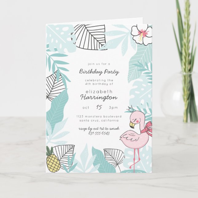 Invitación Fiesta de cumpleaños tropical azul y rosa (Anverso)