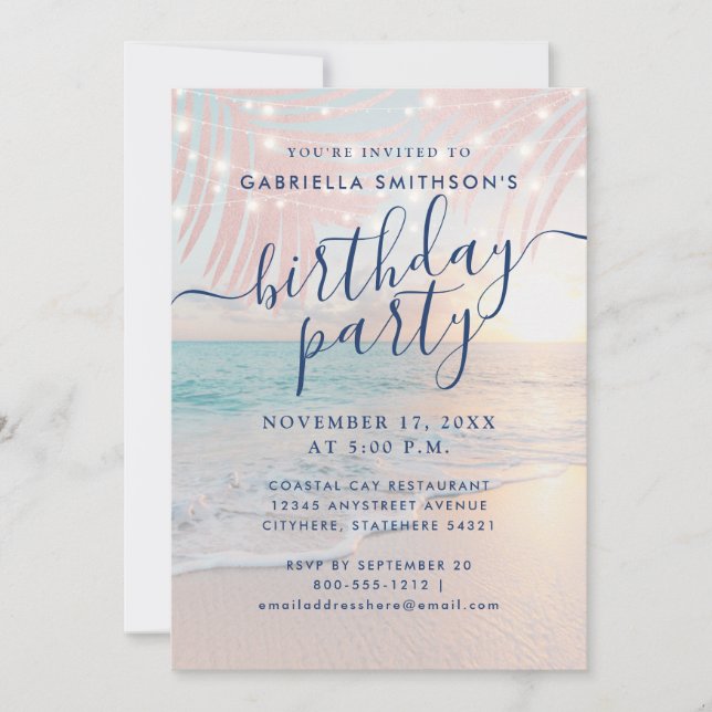 Invitación Fiesta de cumpleaños Tropical Beach Sunset Pastel (Anverso)