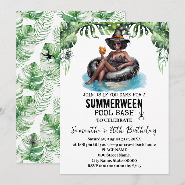 Invitación Fiesta de cumpleaños tropical de bruja de Summerwe (Anverso / Reverso)